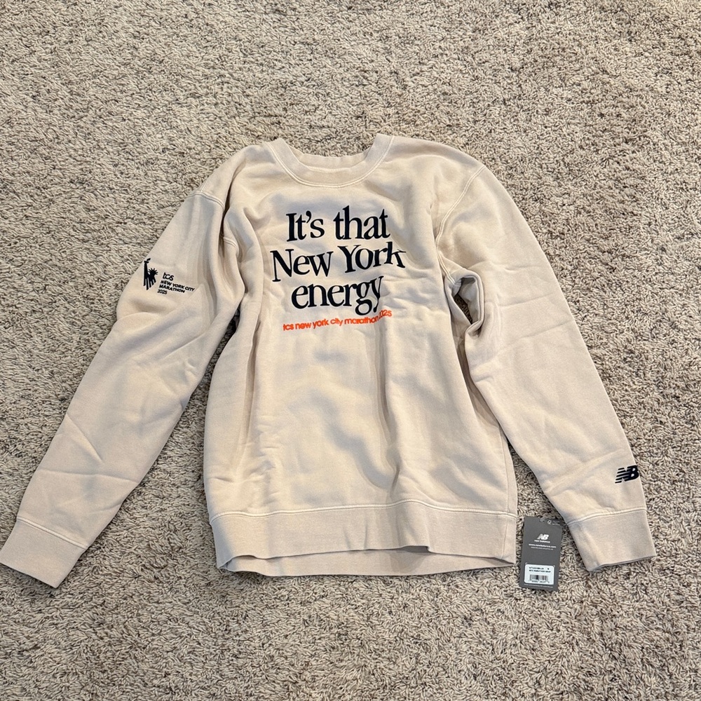 New Balance Beige Crewneck Sweatshirt with Black & Orange Text